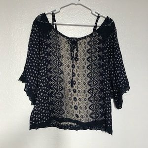 Blue and tan off the shoulder shirt